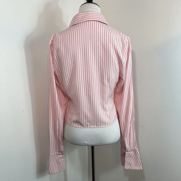 Pretty Little Thing Shirt Button Up 6 Pink Burgandy Crop Pinstripe Fitted Y2K - Picture 2 of 13